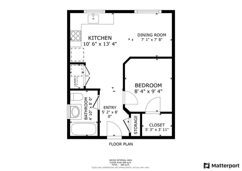 Floor plan for 1 bed, 1 bath, 414 sqft